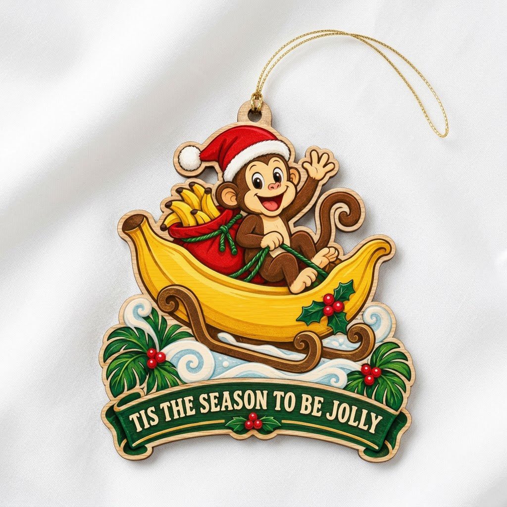 Custom-cut wood ornament with monkey in Santa hat riding a banana sleigh, banner reads TIS THE SEASON TO BE JOLLY.