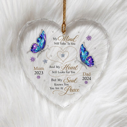 Heart glass ornament with two stained-glass butterflies, dotted heart trails, snowflakes, and a memorial quote.
