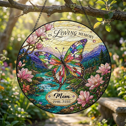 Personalized Butterfly Magnolia Mountain Landscape In Loving Memory Stained Glass Round Suncatcher