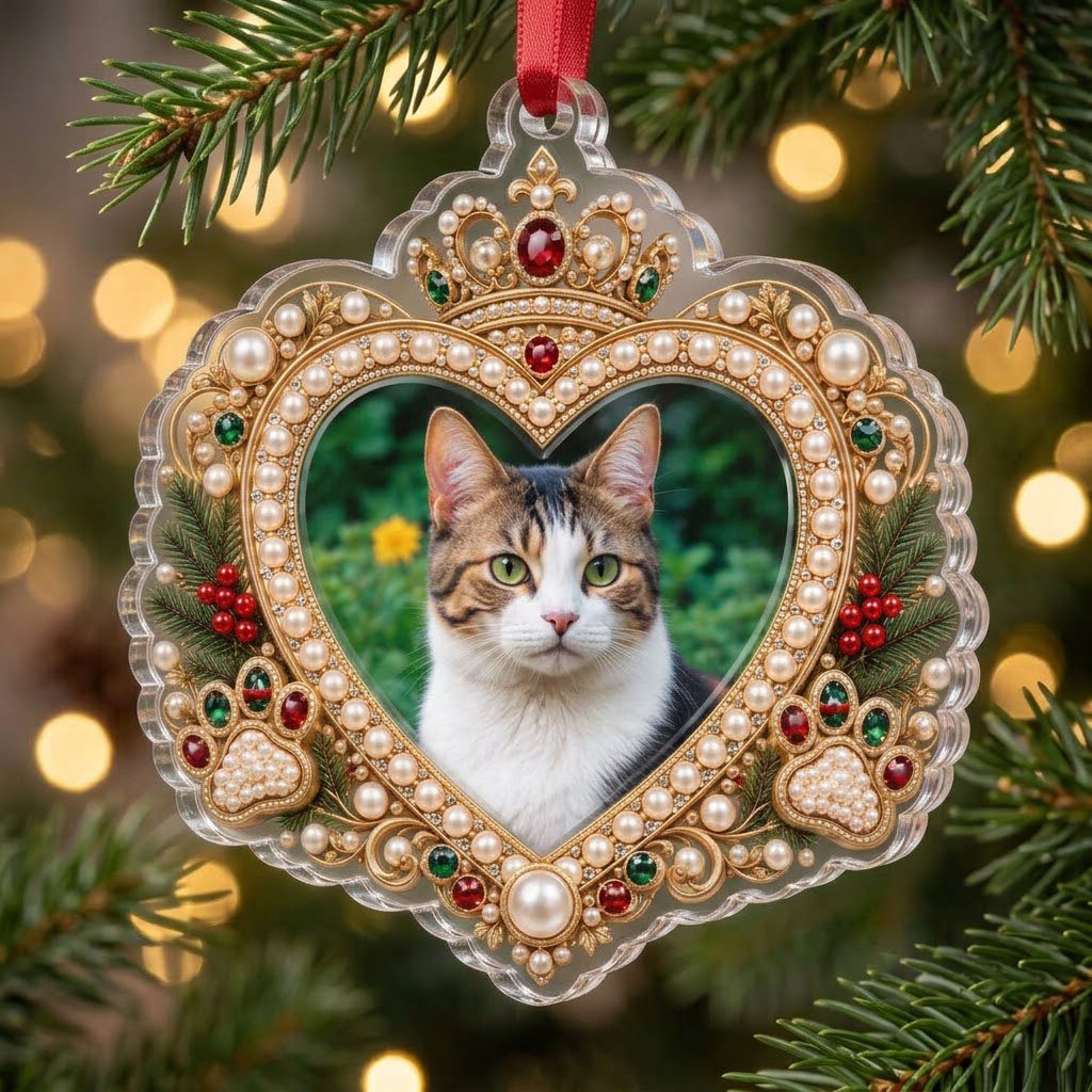 Acrylic ornament with a cat photo framed by gold filigree, jeweled crown, faux pearls, holly and paw prints on an ornate