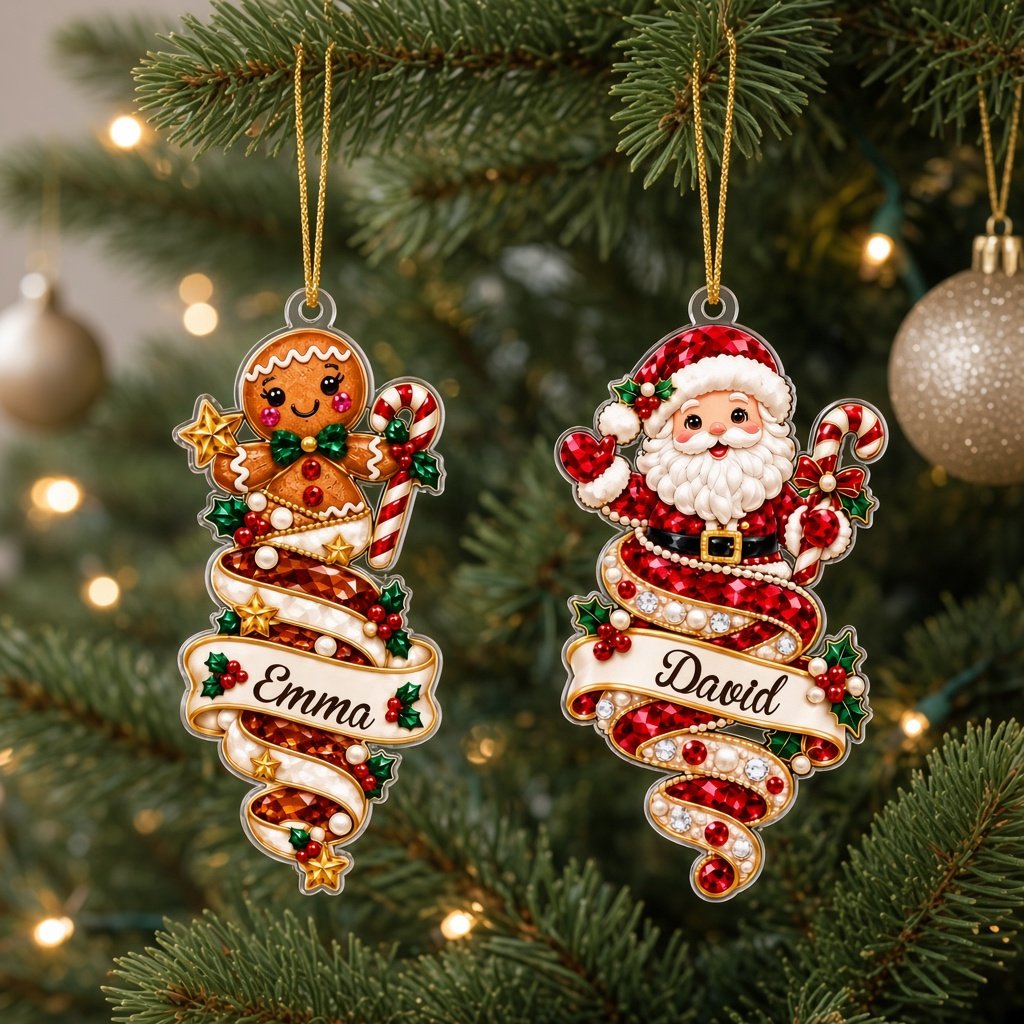 Custom acrylic ornament with a cute elf and smiling snowman on jeweled swirl banners with personalized names