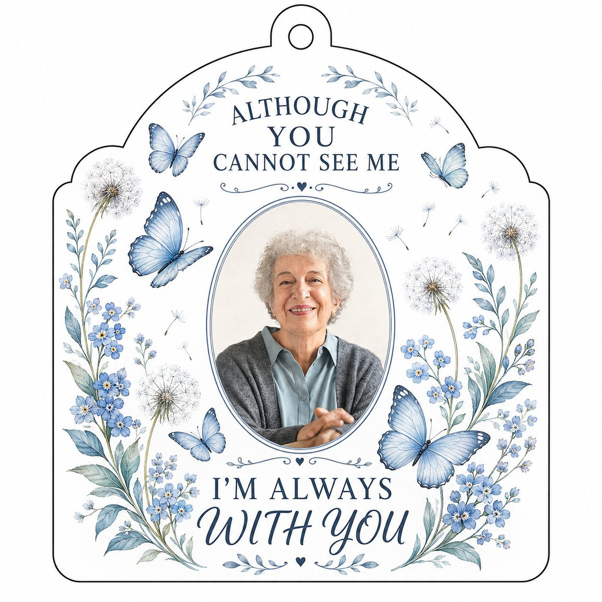 Personalized Blue Butterfly Floral Photo Memorial Acrylic Ornament