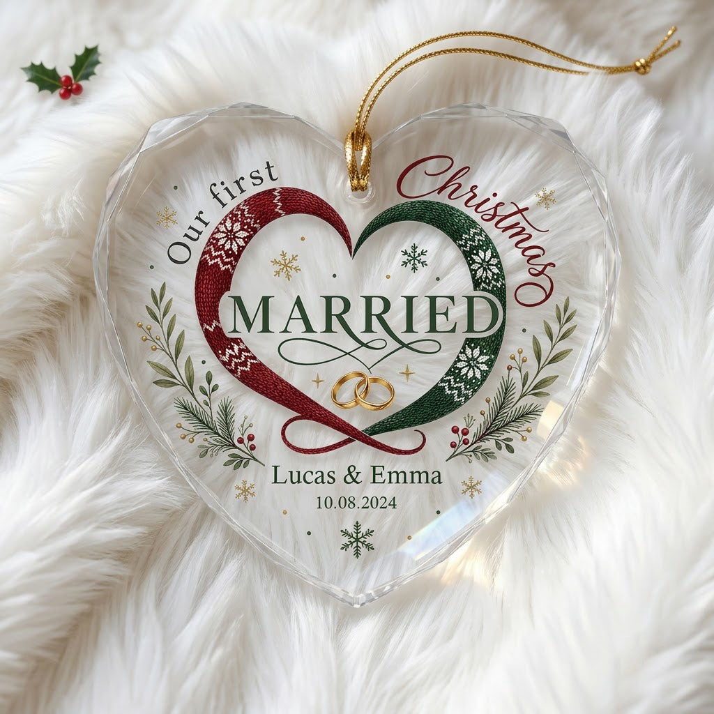 Personalized Our First Christmas Married Scarf Heart Glass Ornament