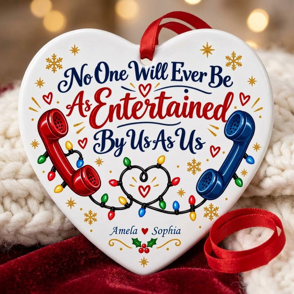 Heart ceramic ornament with red and blue vintage phones, heart-shaped Christmas lights, gold snowflakes and holly.