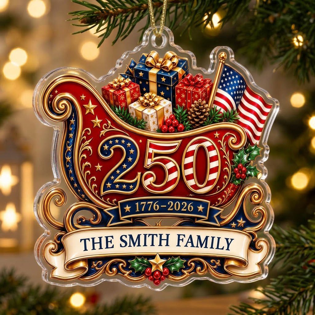 Acrylic ornament shaped like a Santa sleigh with '250', '1776-2026', US flag and a family name banner.