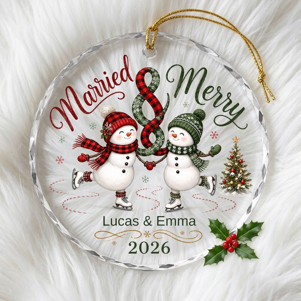 Round glass ornament with two ice-skating snowmen, a scarf ampersand above, and a small Christmas tree with star.