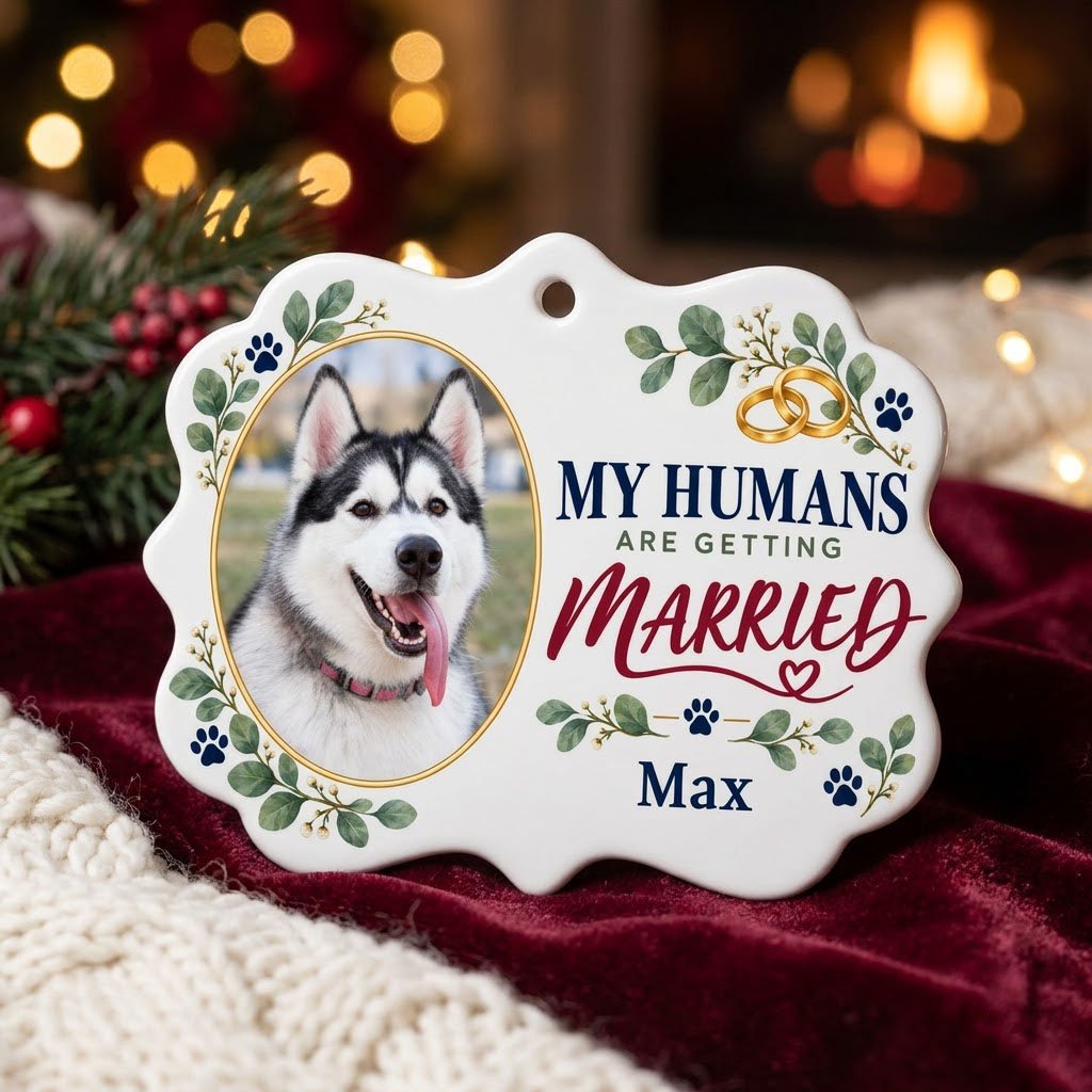 Scalloped medallion ornament with dog photo, eucalyptus, paw prints, and 'MY HUMANS ARE GETTING MARRIED' text.