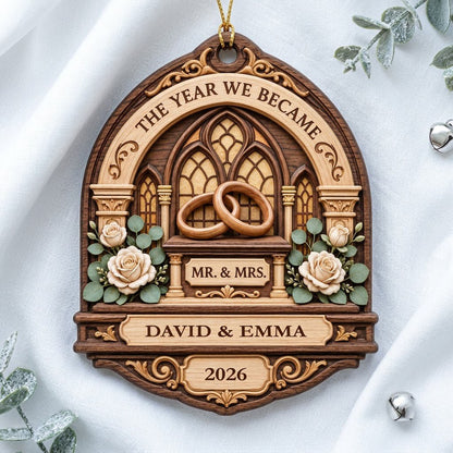 Arch-shaped wood ornament with window frame, wedding rings, roses, personalized with names and year.