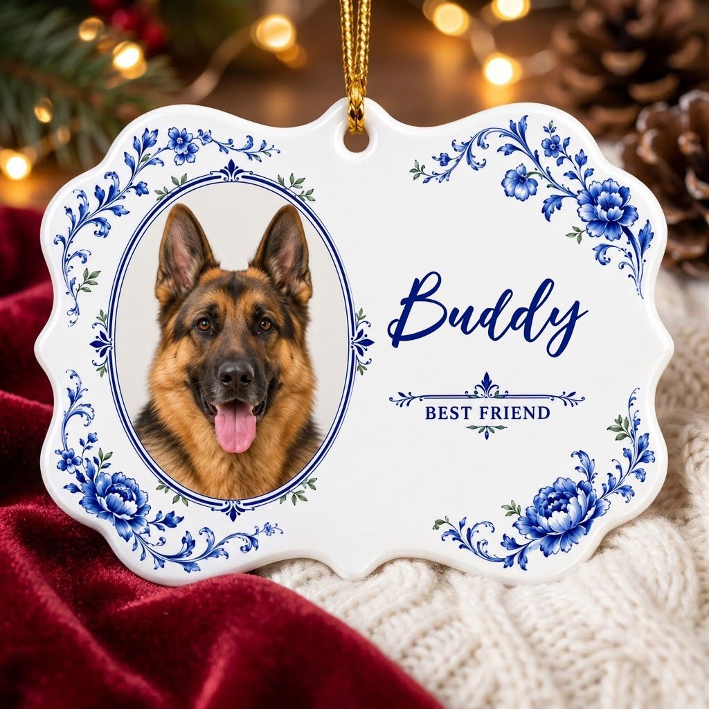 Ornate scalloped ceramic medallion ornament with blue Delft floral frame, custom dog photo, and 'BEST FRIEND' text