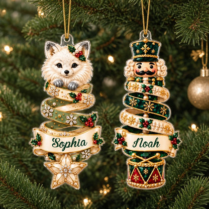 Custom-cut acrylic ornament with robin or fox ribbon tree and a cream name banner.