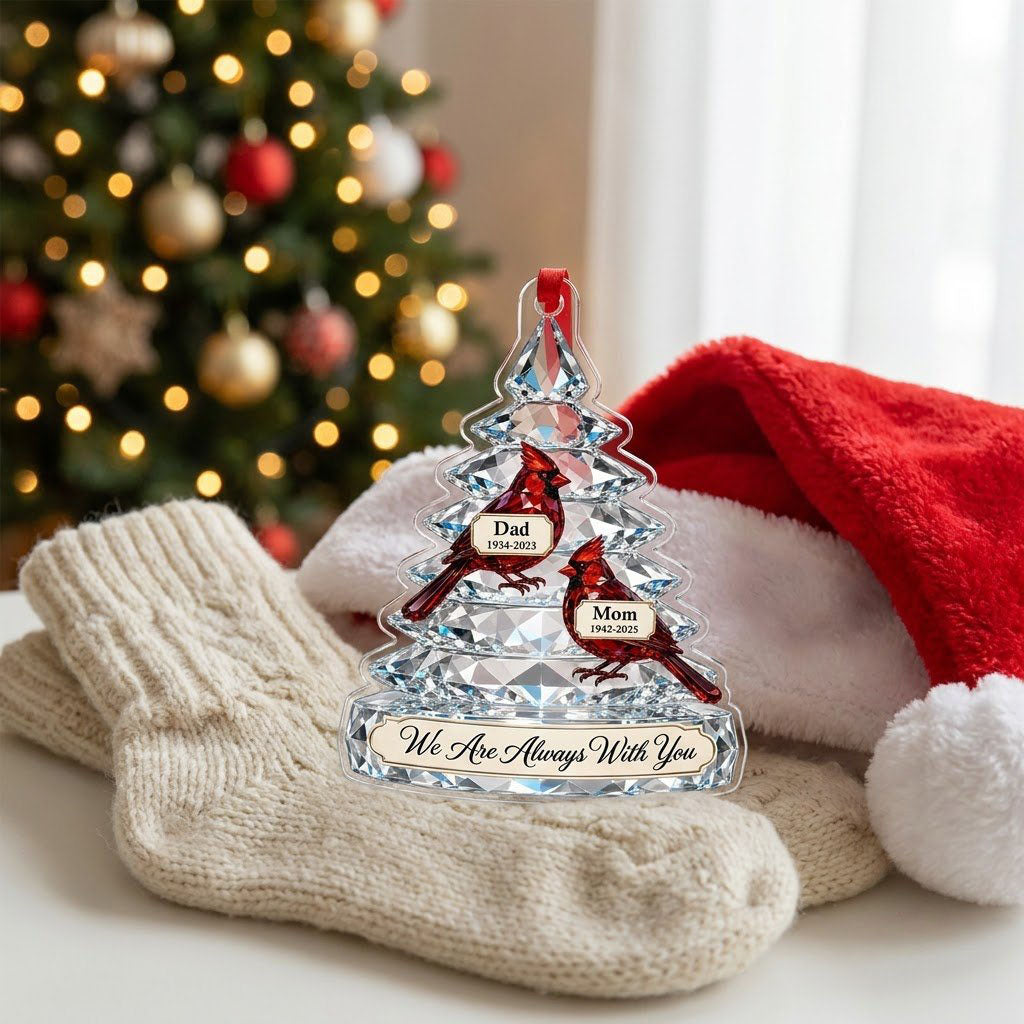 Crystal-style tree acrylic ornament with two red cardinals and a banner reading We Are Always With You.