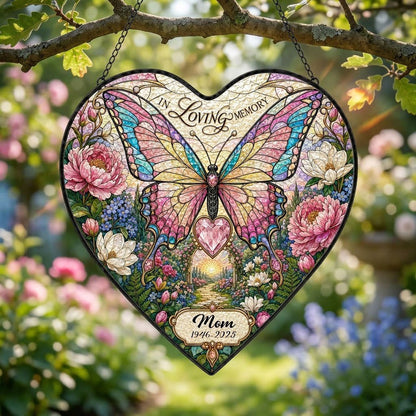 Personalized Butterfly Floral Garden Memorial In Loving Memory Heart Stained Glass Suncatcher