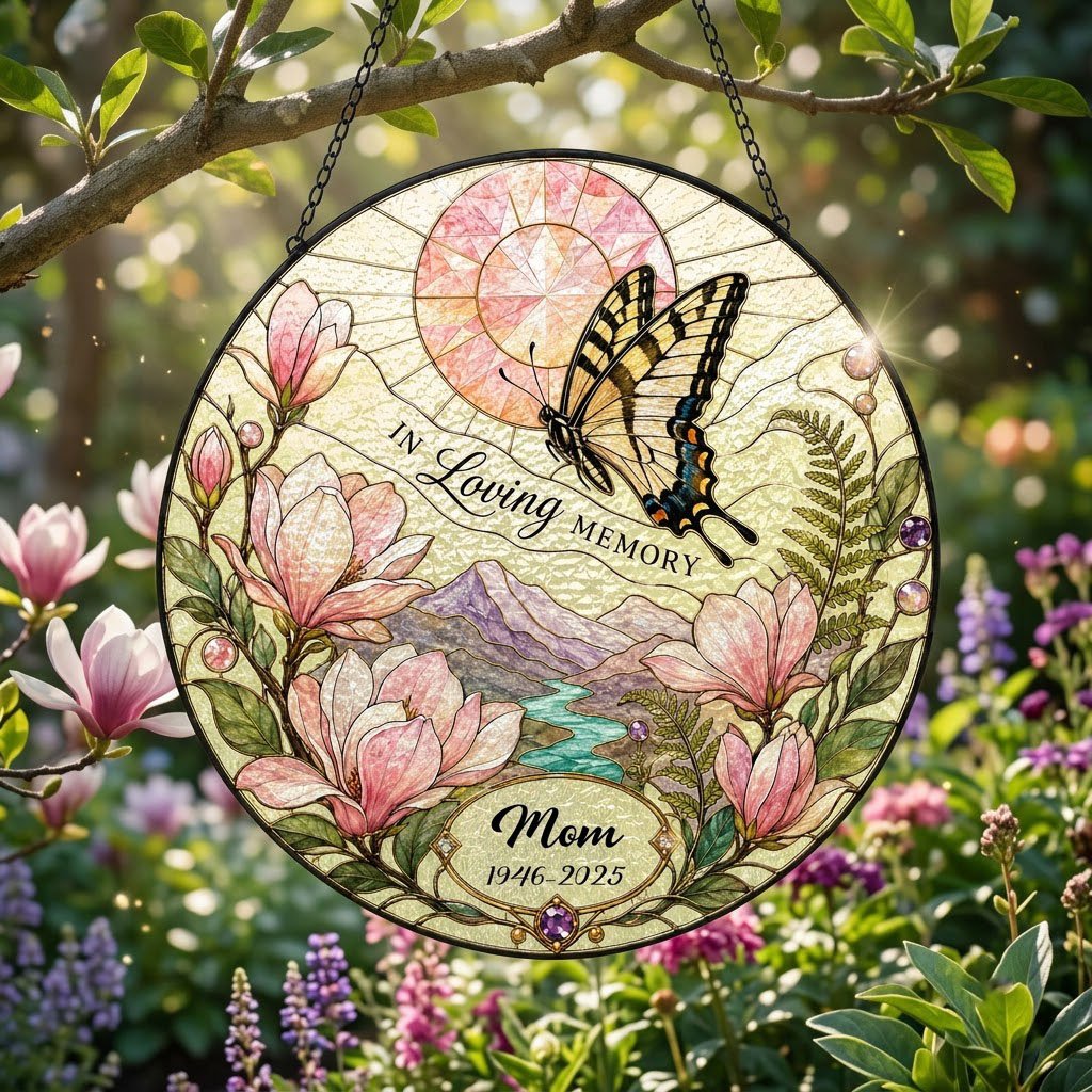 Personalized Butterfly Magnolia Sunset Landscape In Loving Memory Stained Glass Round Suncatcher