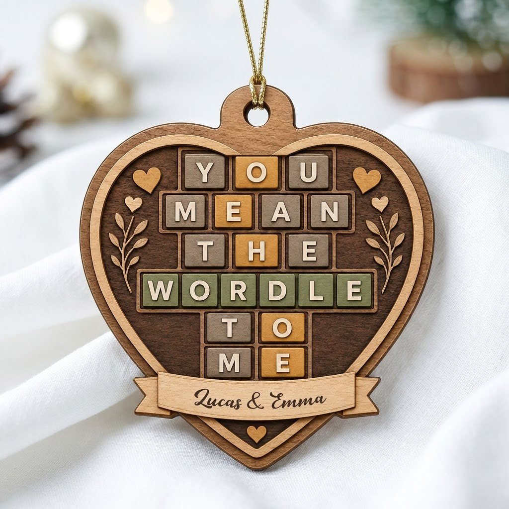 Heart-shaped wood ornament with Wordle-style tiles reading You Mean The Wordle To Me and names on a bottom banner.