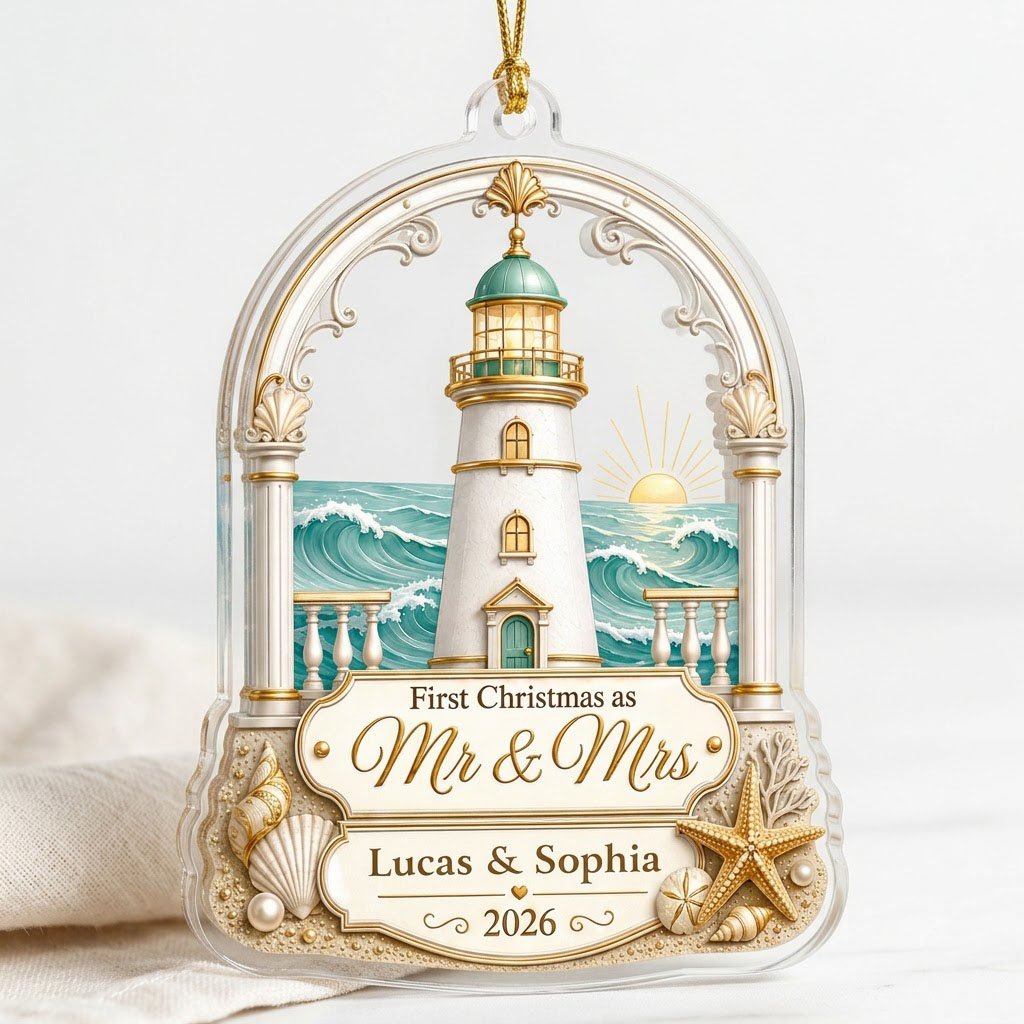 Personalized Coastal Lighthouse First Christmas as Mr & Mrs Acrylic Ornament, Custom Beach Wedding Keepsake