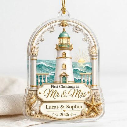 Personalized Coastal Lighthouse First Christmas as Mr & Mrs Acrylic Ornament, Custom Beach Wedding Keepsake