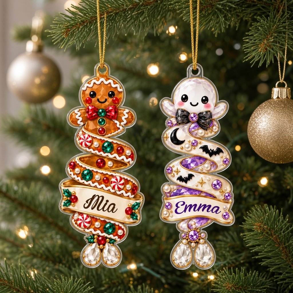 Custom-cut acrylic ornament with a gingerbread man or penguin on spiraling ribbons with a scroll name banner