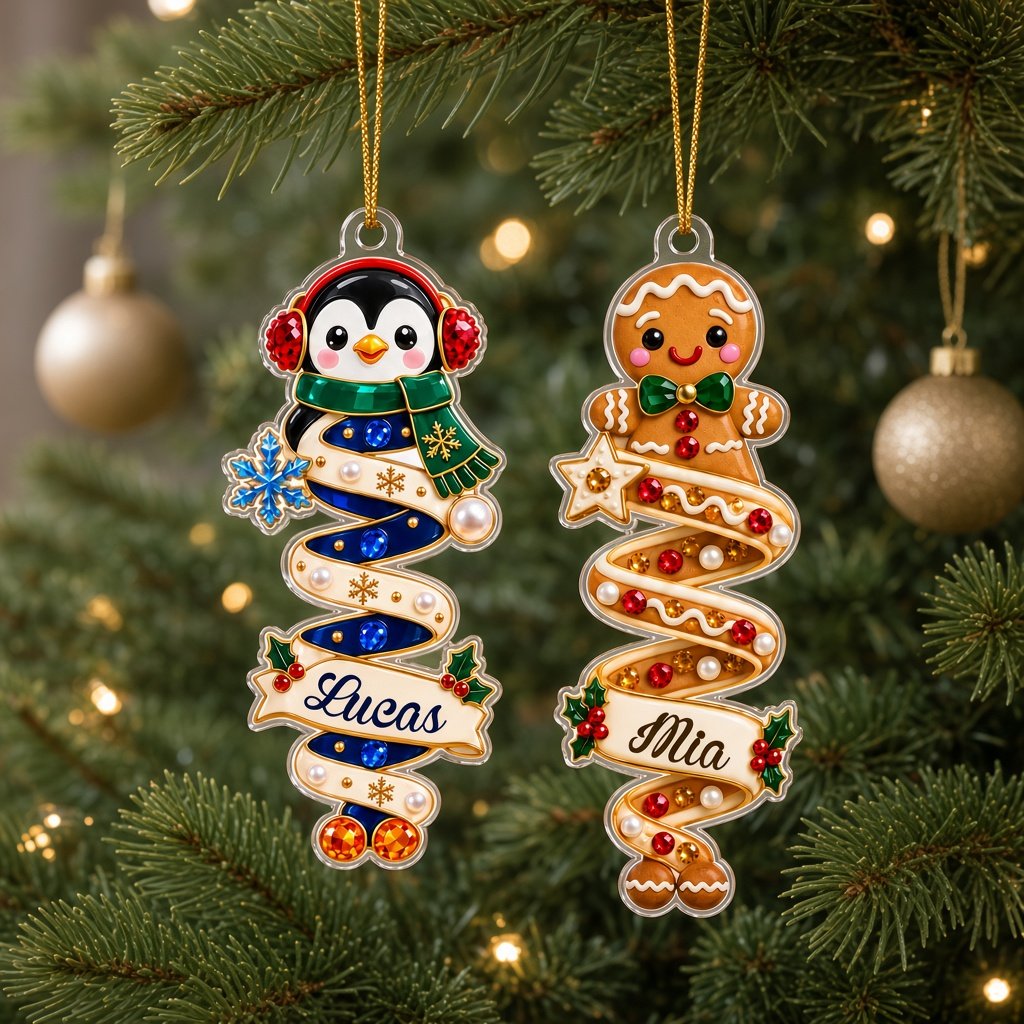 Custom-cut acrylic ornaments with gingerbread and Santa, spiral ribbons, and a holly-framed name banner.