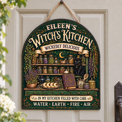 Arch wooden sign with black cat, apothecary jars, lavender, crescent moon and stars, and the text WITCH'S KITCHEN.