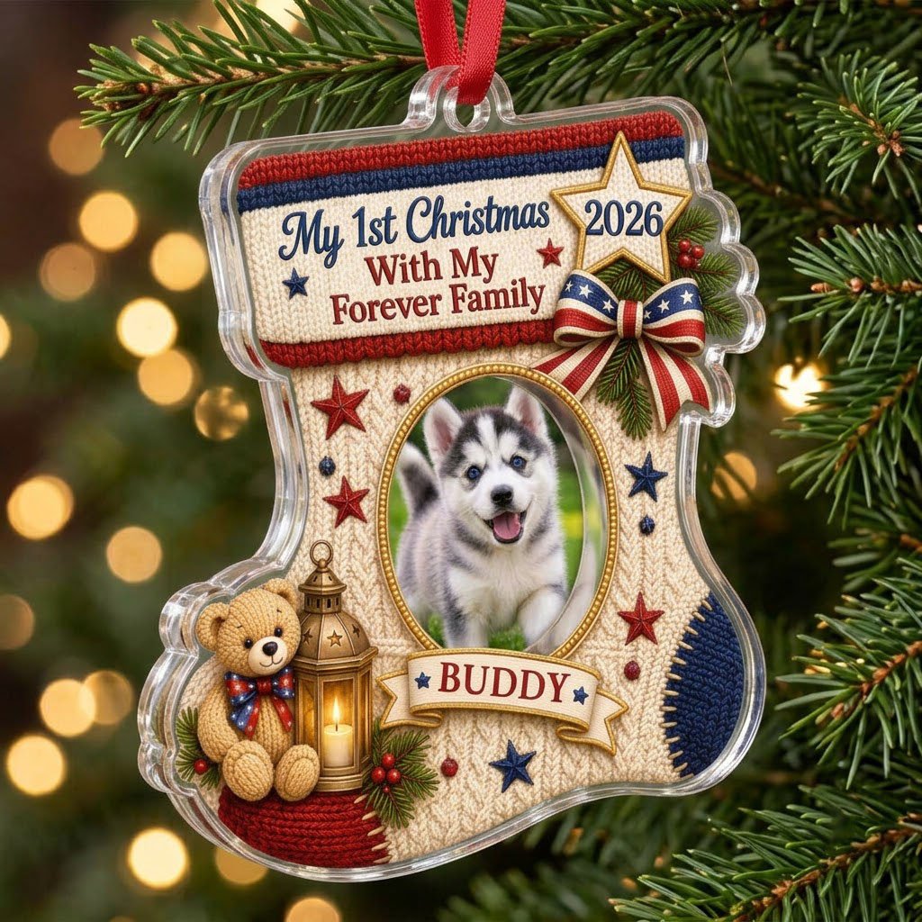 Stocking-shaped acrylic ornament with faux-knit design, pet photo oval, teddy bear, lantern and patriotic bow.