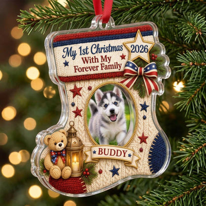 Stocking-shaped acrylic ornament with faux-knit design, pet photo oval, teddy bear, lantern and patriotic bow.