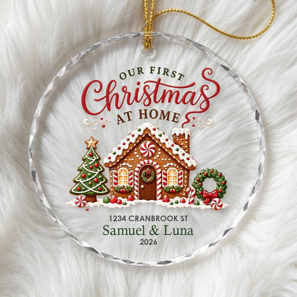 Personalized Our First Christmas at Home Gingerbread Cottage Round Glass Ornament