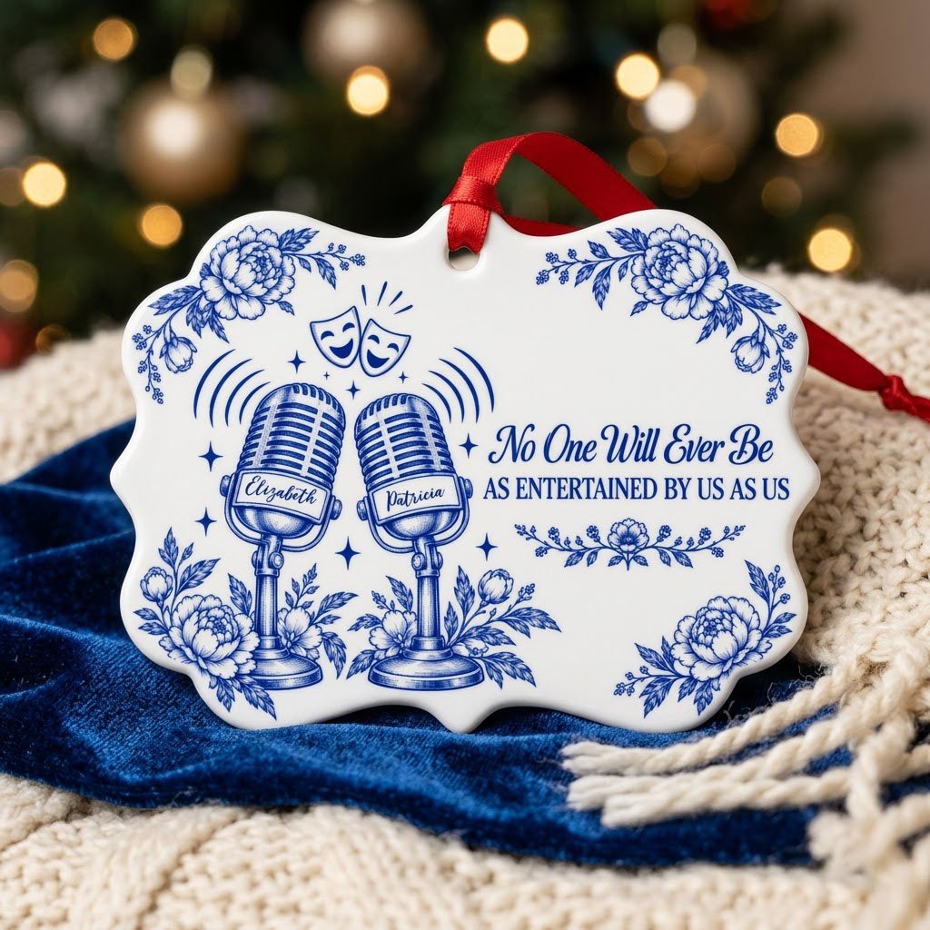 White ceramic ornament with cobalt blue vintage microphones, comedy and tragedy masks, stars and florals with two names.