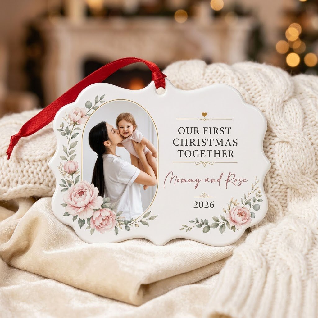 White scalloped ceramic ornament with gold oval photo frame, pink peonies, and Our First Christmas Together text.
