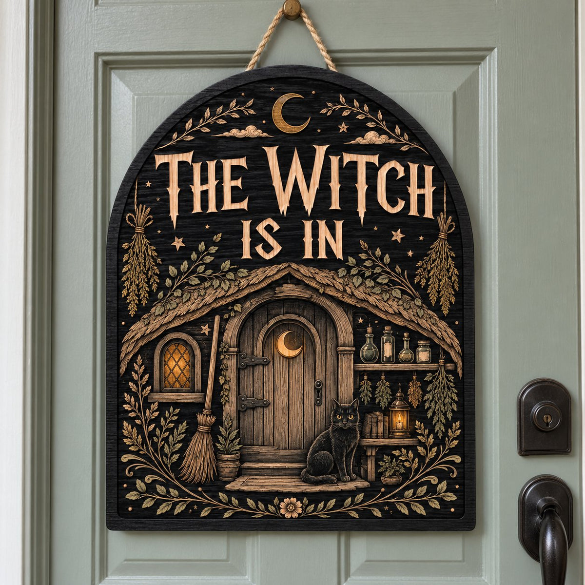 Arch wood sign with "THE WITCH IS IN", witch cottage, black cat, broom, herbs and lantern details.