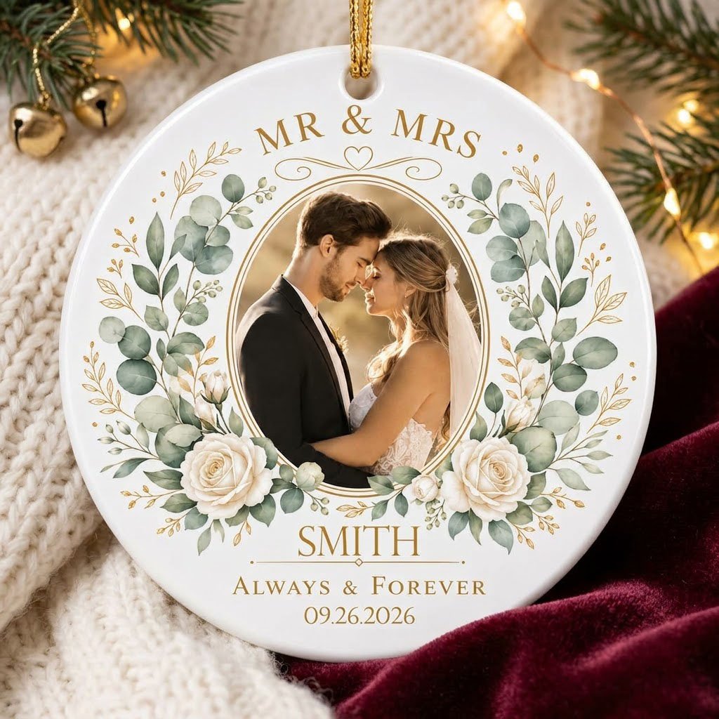 Round ceramic ornament with eucalyptus and white rose wreath, gold accents, MR MRS ALWAYS & FOREVER, photo, surname, and