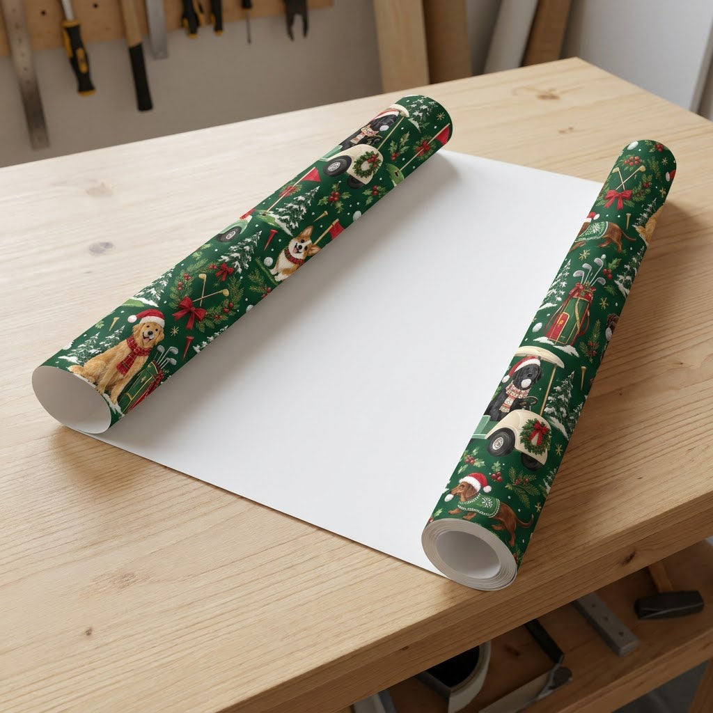 Dark green wrapping paper with dogs in Santa hats, golf carts with wreaths, flags, clubs, snowy trees and golf balls.