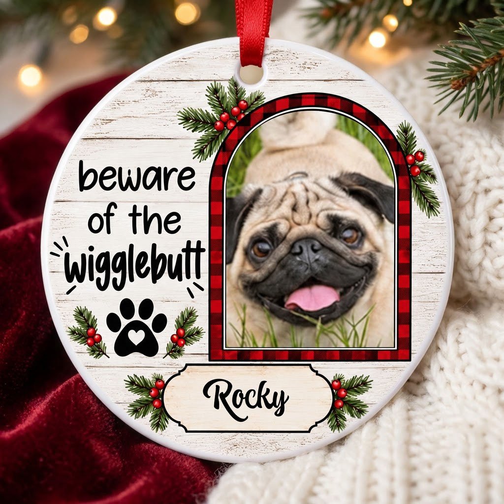 Round ceramic ornament with buffalo plaid photo frame, paw-heart, pine sprigs, and 'beware of the Wigglebutt'.