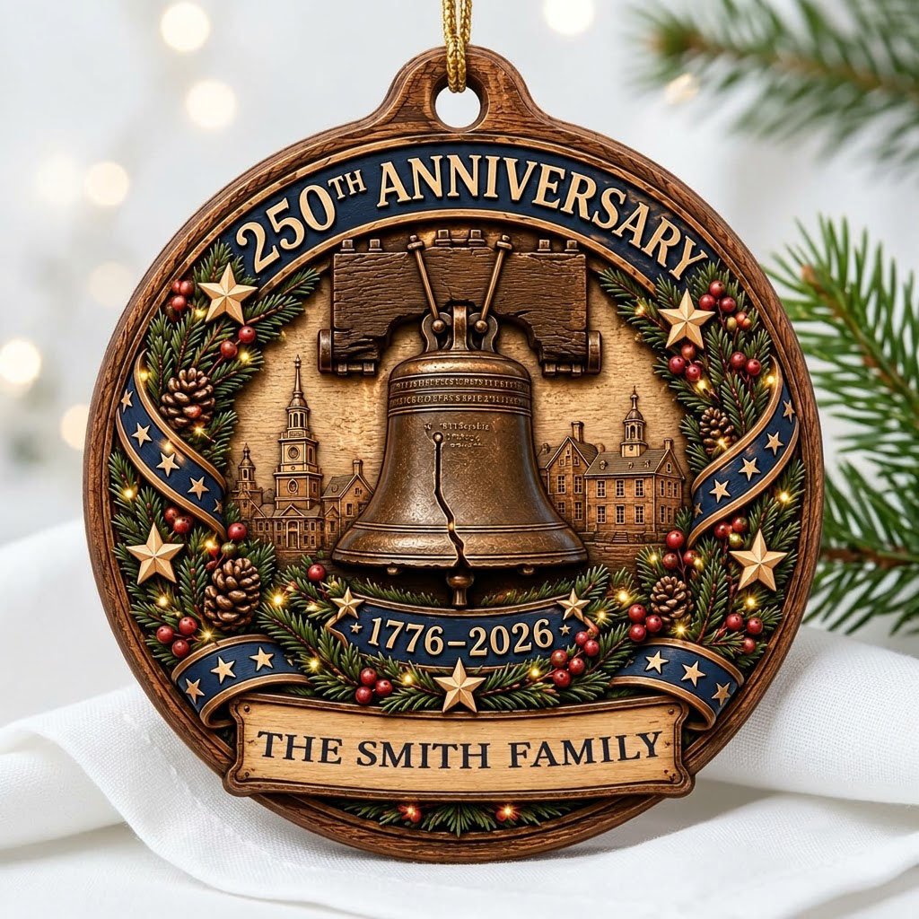 Round wood ornament with Liberty Bell, Independence Hall, pine wreath, gold stars, and a name banner.