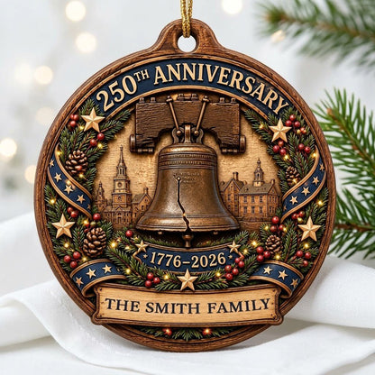 Round wood ornament with Liberty Bell, Independence Hall, pine wreath, gold stars, and a name banner.