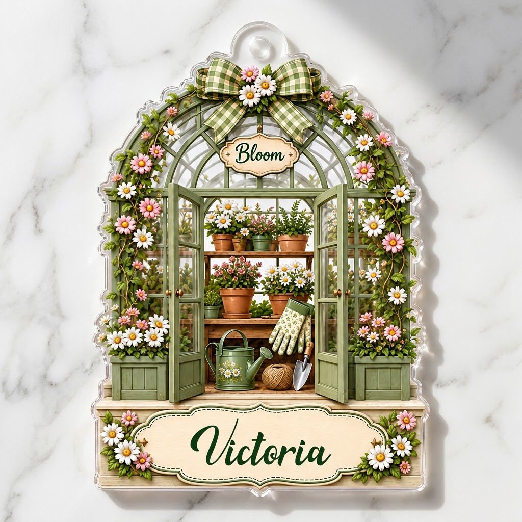 Arched acrylic ornament of a green greenhouse with daisy bow, flowers, tools, and 'Bloom' with a personalized name.