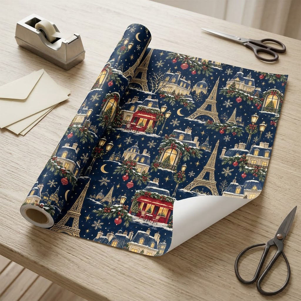 Navy Christmas wrapping paper with golden Eiffel Towers, Parisian buildings, a red cafe, stars, moons and snowflakes.