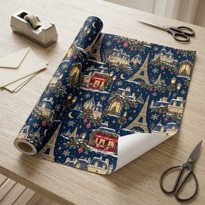 Navy Christmas wrapping paper with golden Eiffel Towers, Parisian buildings, a red cafe, stars, moons and snowflakes.
