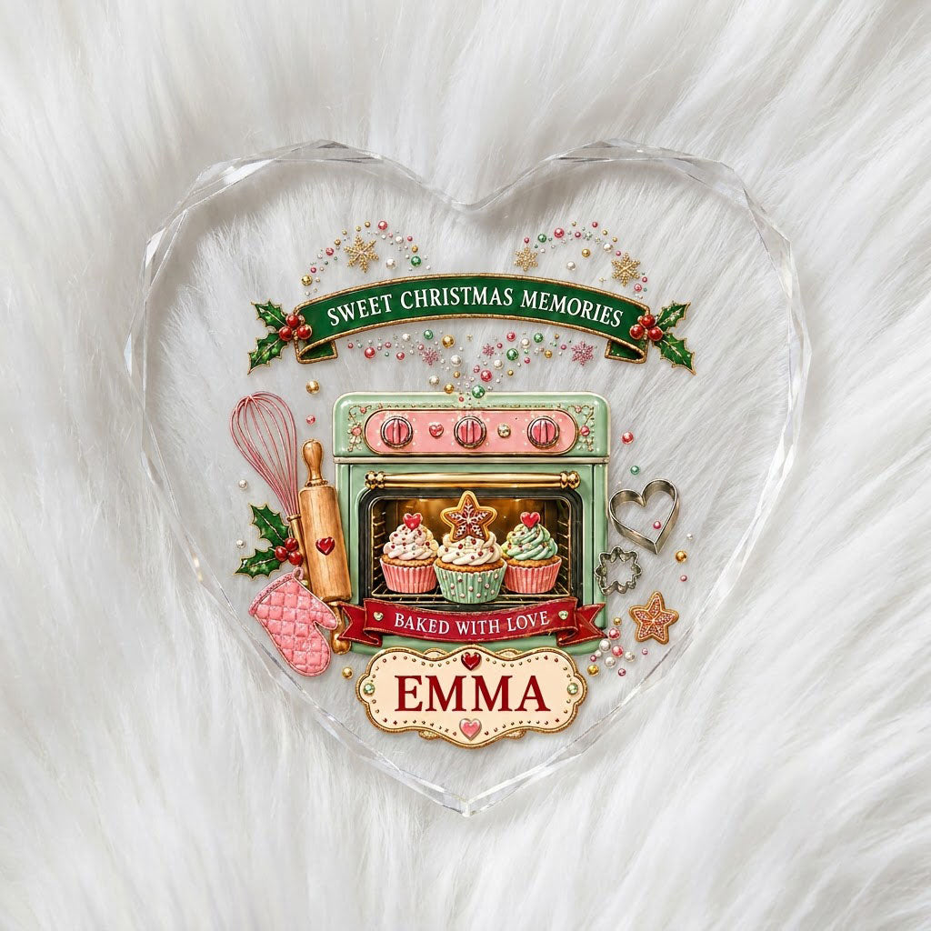 Heart suncatcher with mint-green oven, cupcakes, baking tools, holly, and Sweet Christmas Memories text