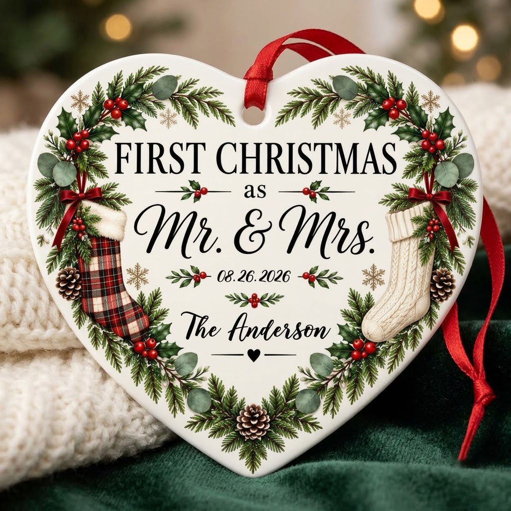 Heart ornament with greenery border, two stockings on bows, and 'FIRST CHRISTMAS as Mr. & Mrs.' text.