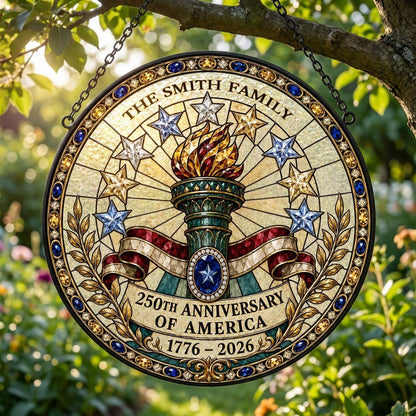 Round stained-glass suncatcher with Statue of Liberty torch, stars, ribbon, laurel, and 250th Anniversary text.