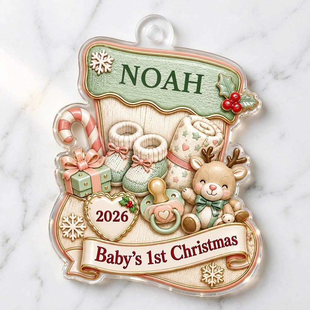 Stocking-shaped acrylic ornament with baby booties, reindeer toy and Baby's 1st Christmas on a cream banner.
