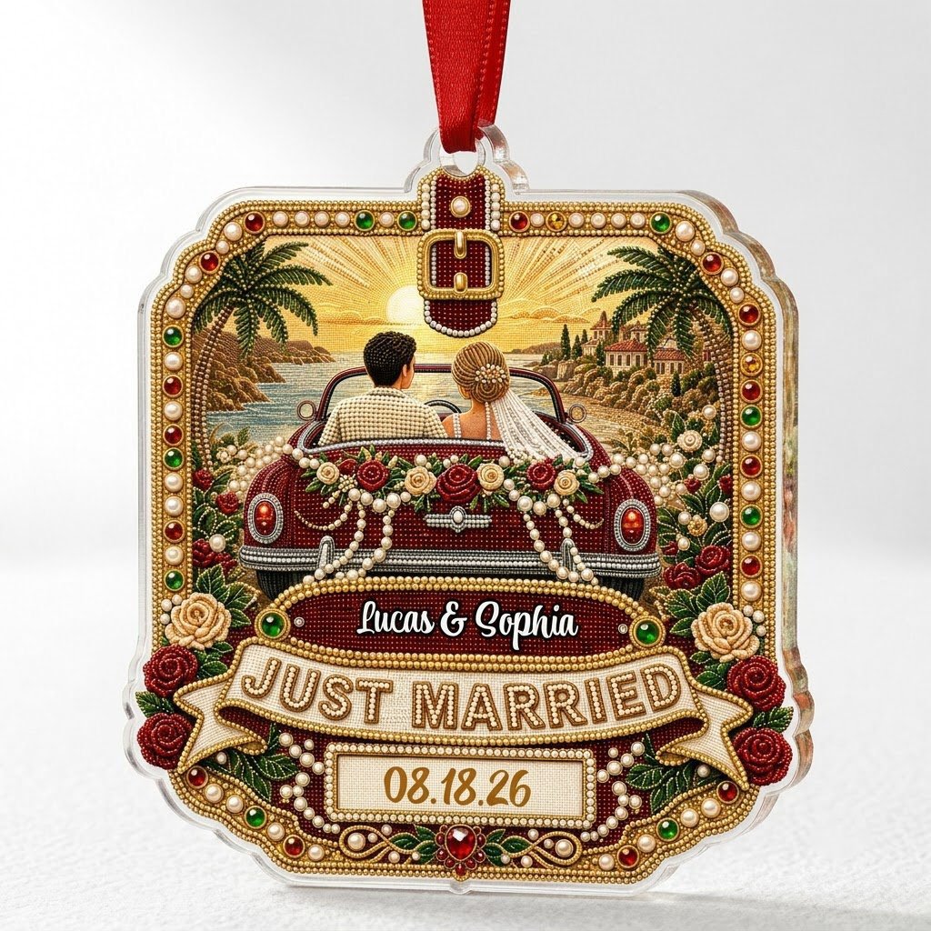 Personalized Just Married Vintage Car Acrylic Ornament