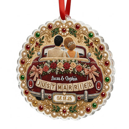 Personalized Just Married Vintage Car Scalloped Round Acrylic Ornament