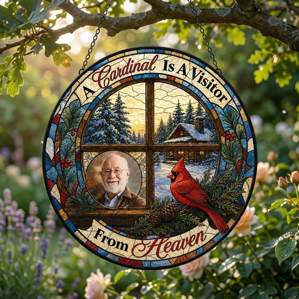 Stained glass suncatcher with a wooden four-pane window, snowy cabin scene, red cardinal on pine branches, and a circula