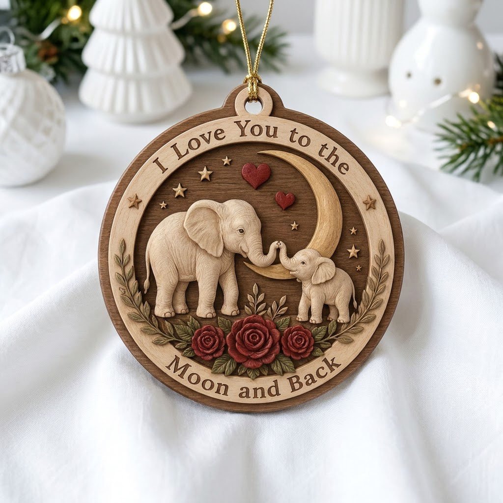 Round wood ornament with adult and baby elephants touching trunks under a crescent moon, red hearts, stars, and roses