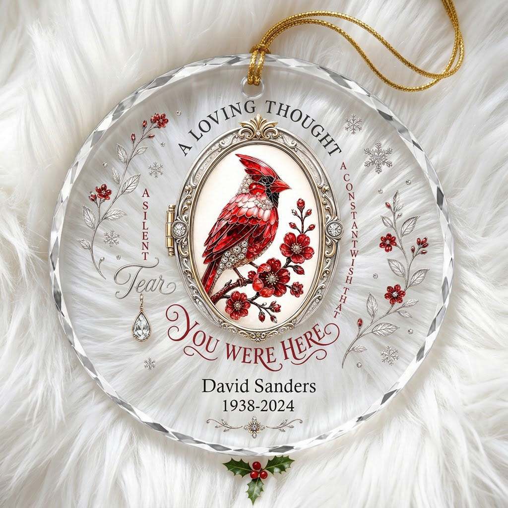 Personalized Cardinal Locket Memorial A Loving Thought Round Glass Ornament