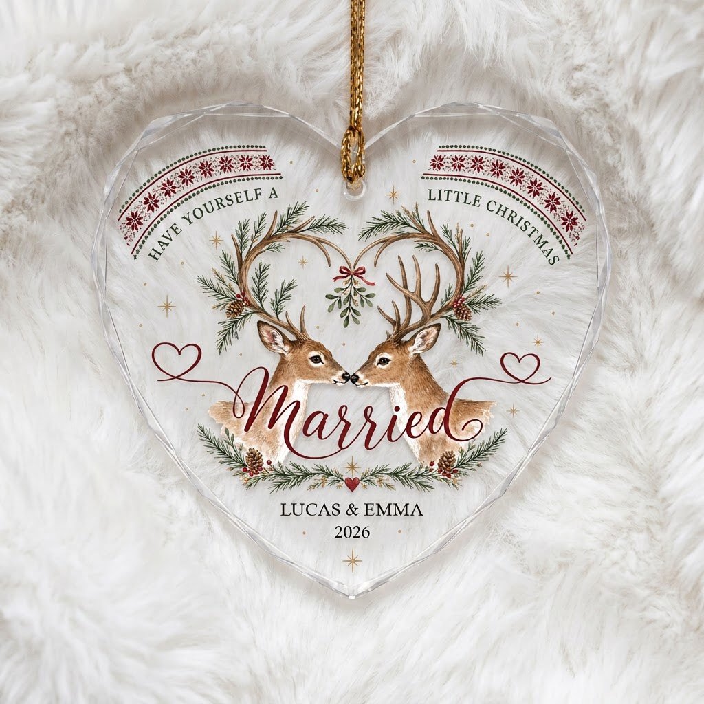 Personalized Married Deer Mistletoe Heart Glass Ornament
