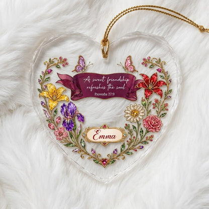 Heart stained glass suncatcher with floral wreath, burgundy banner, two jeweled butterflies, and the verse Proverbs 27:9