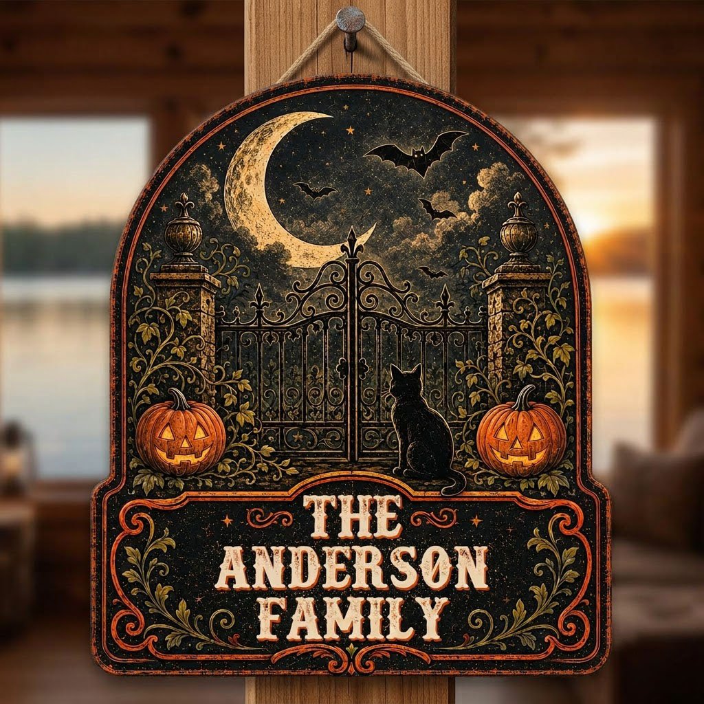 Arched wooden sign with crescent moon, bats, wrought-iron gate, black cat and jack-o'-lanterns with family name.