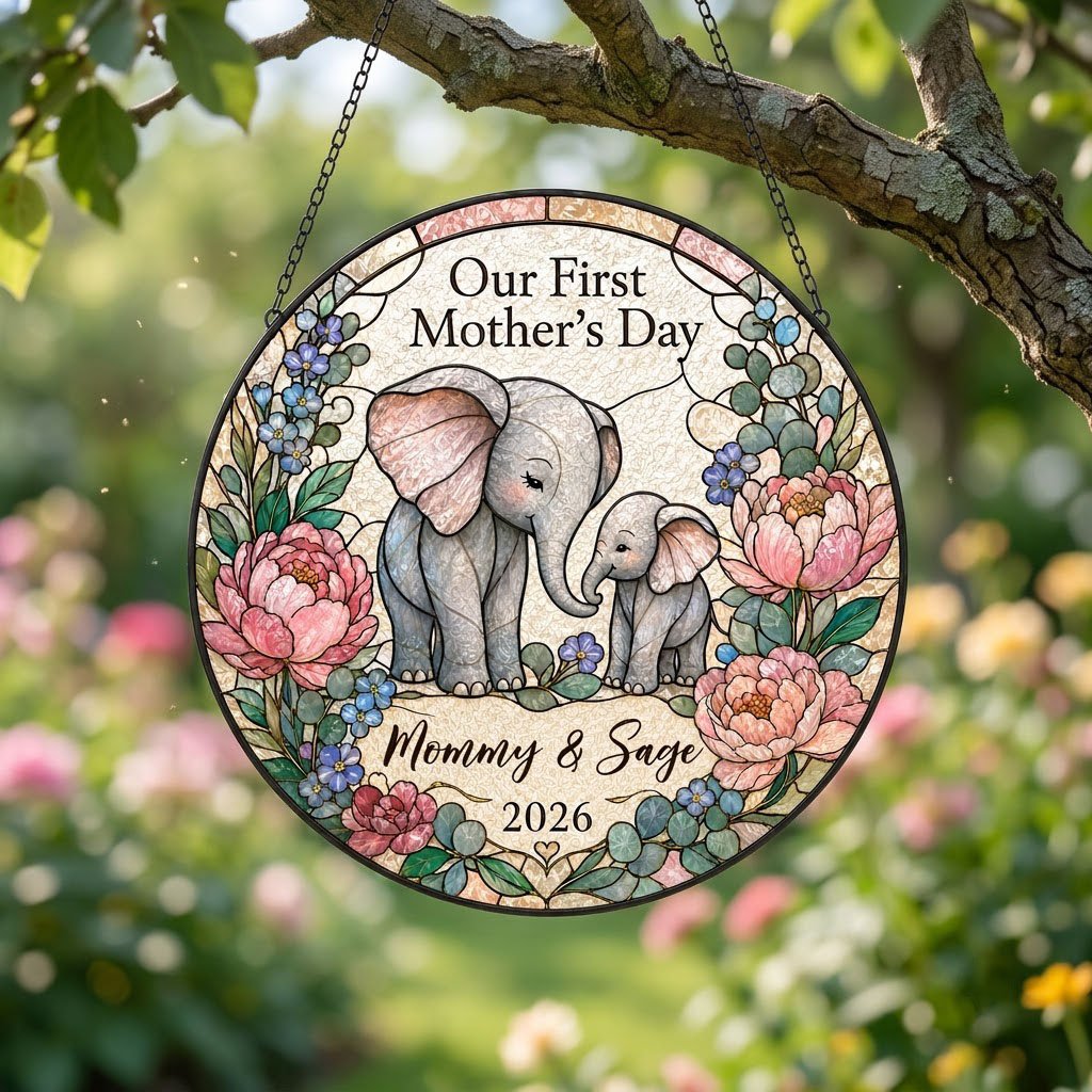 Round stained-glass suncatcher of mother and baby elephants touching trunks amid pink peonies and blue flowers.